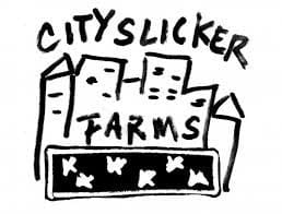 Hand-drawn illustration of tall city buildings with the words “City Slicker Farms” above and below, and a rectangular garden bed with plants in front.