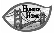 A logo featuring a bridge inside a leaf shape, with the words Hunger at Home above the bridge and Bridge The Gap below it. The image is in black and white.