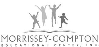 Logo of Morrissey-Compton Educational Center, showing four children jumping and celebrating above an open book, with the organization’s name and Educational Center, Inc. written below.