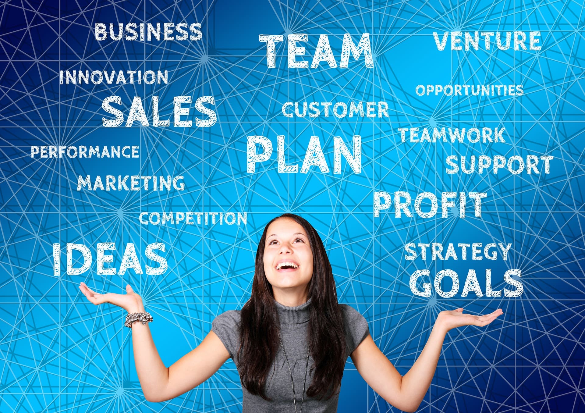 Woman looking up with arms outstretched, surrounded by words like plan, sales, and goals representing business planning strategies.