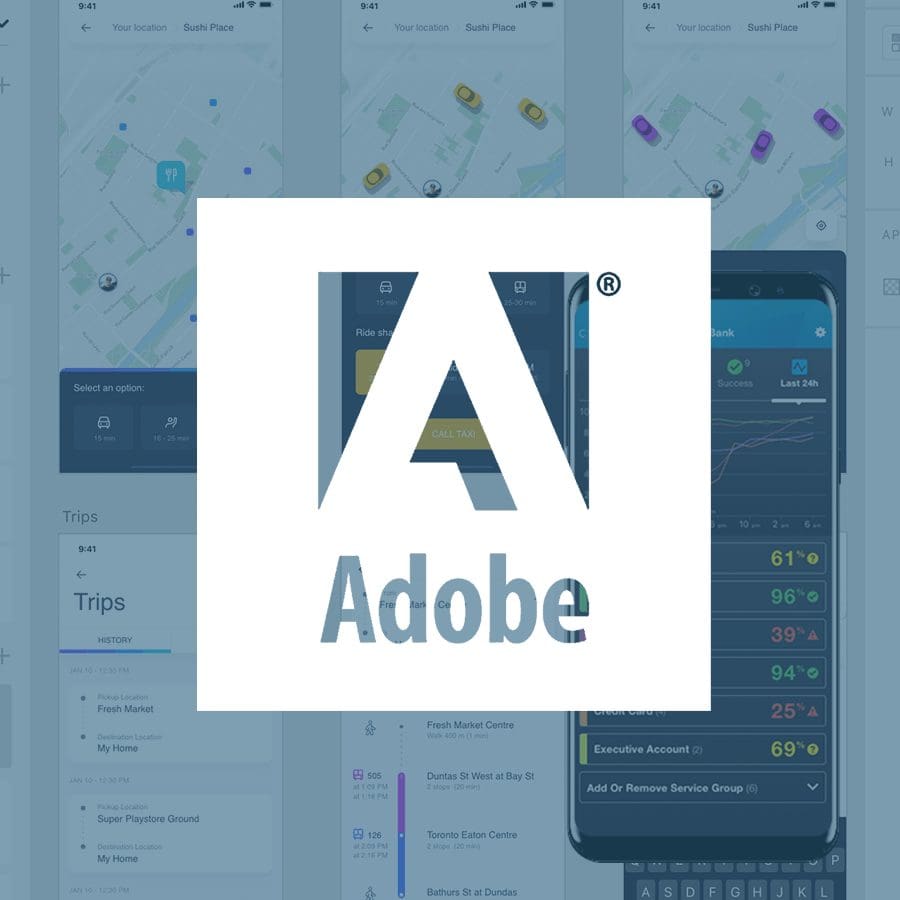 Adobe logo overlaid on a ride-sharing app interface with map and trip details.