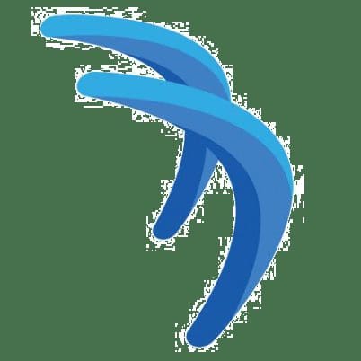Two stylized, curved blue shapes overlap, resembling abstract boomerangs or flowing ribbons, with varying shades of blue on a white background.