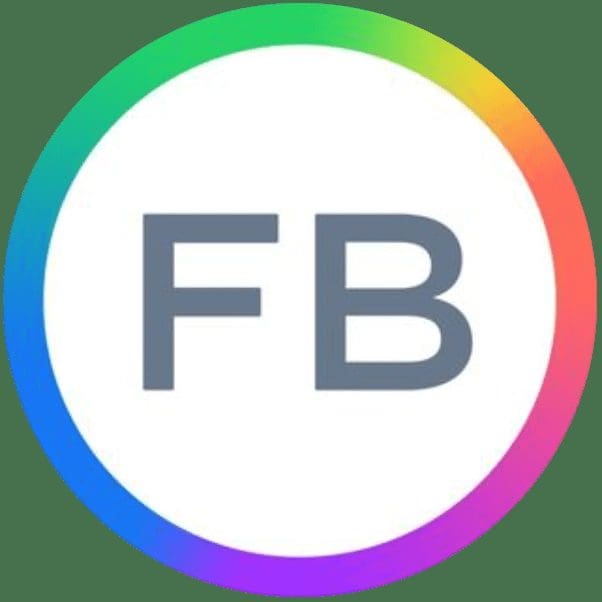A white circle with the gray letters FB in the center, surrounded by a circular rainbow-colored border.
