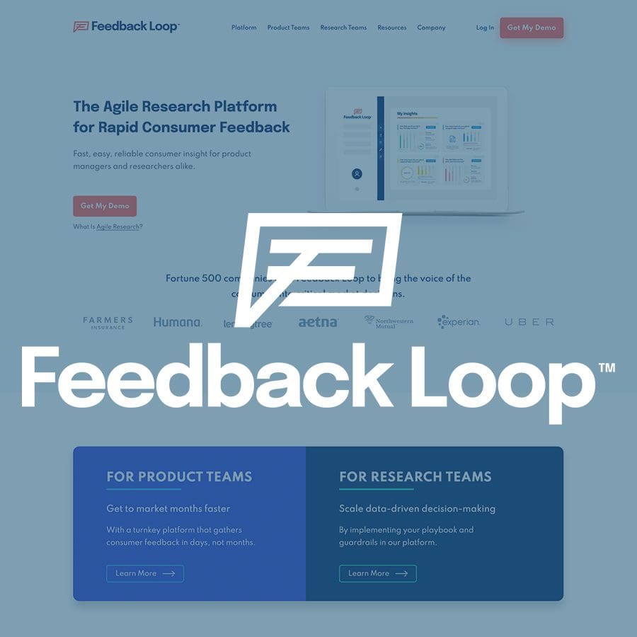 Feedback Loop's agile research platform landing page showcasing customer logos and product features.