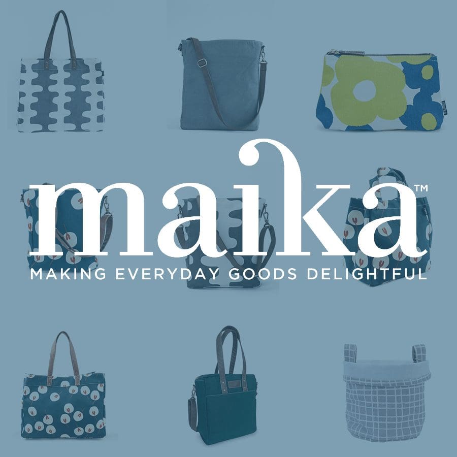 MAIKA brand showcasing a variety of colorful tote bags and accessories.