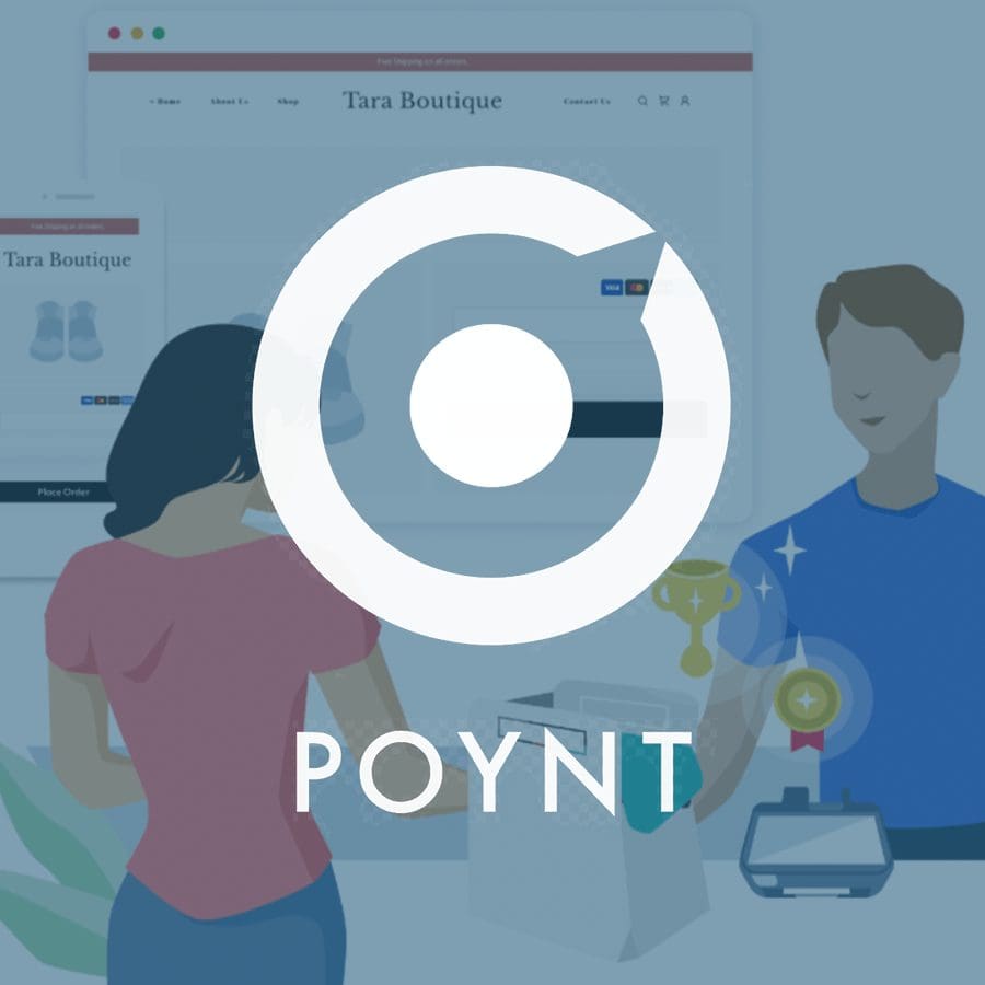 Poynt illustration showing a customer shopping at Tara Boutique, with the Poynt logo overlayed.