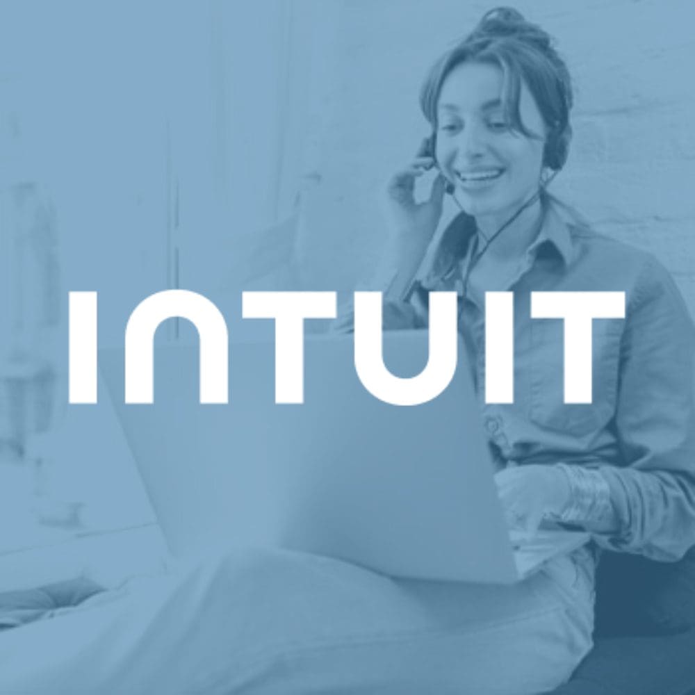 Woman with headset using laptop. Intuit logo overlay.