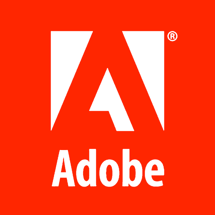 The image shows the Adobe logo: a large white stylized A above the word Adobe in bold white letters, all on a bright red background.
