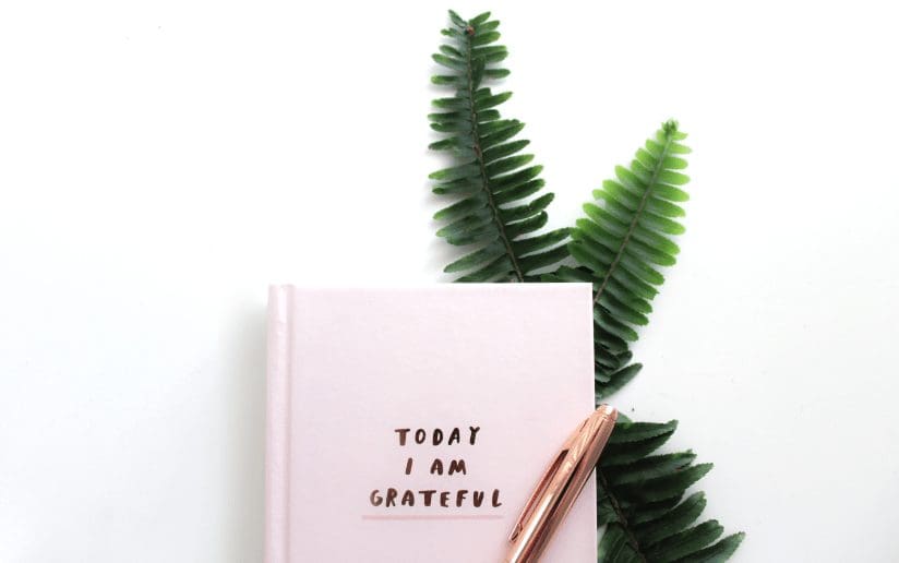 Gratitude journal with "Today I am grateful" text, pen, and fern. Consulting success concept.