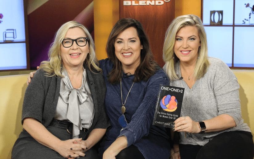 Christiane Hile, author of "ONE+ONE>2," with two women on Blend TV promoting her online dating guide for women over 50.