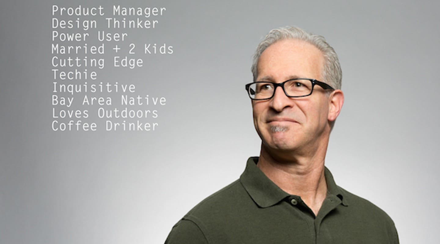 Product manager with glasses looking thoughtful, text includes Design Thinker and Bay Area Native