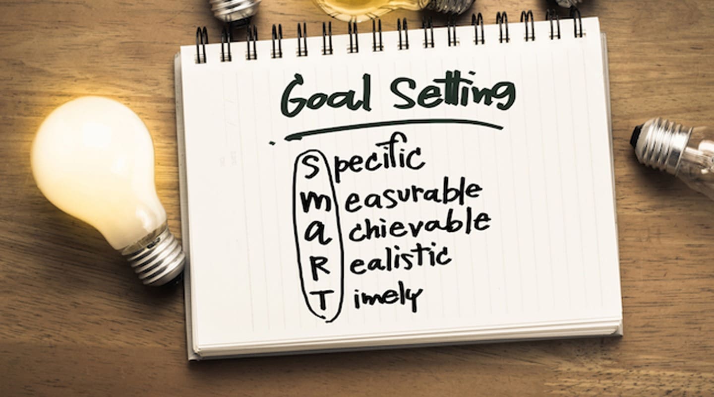 Notebook with Goal Setting and SMART goals: Specific, Measurable, Achievable, Realistic, Timely.