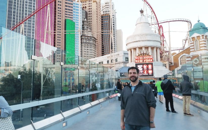Sam Fintz in Las Vegas, with the New York-New York Hotel & Casino in the background.