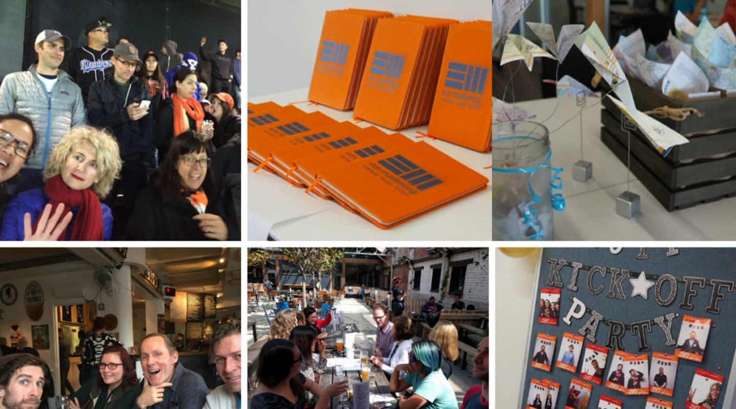 Group of people at a baseball game, notebooks, party decorations, and social gatherings. Community Matters.