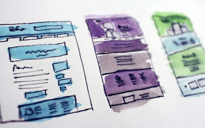 Hand-drawn website wireframes in blue, purple, and green illustrating content marketing concepts.