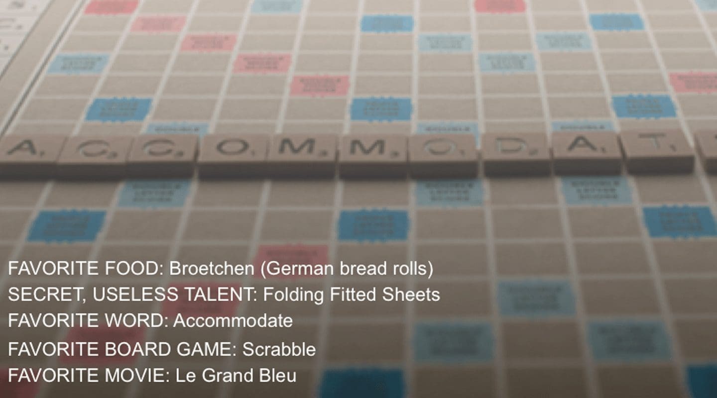 Scrabble board with the word ACCOMMODATE spelled out. Gretchen Hardings favorite word.