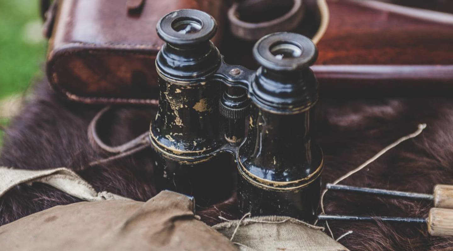 Antique binoculars on fur with leather case and canvas bag