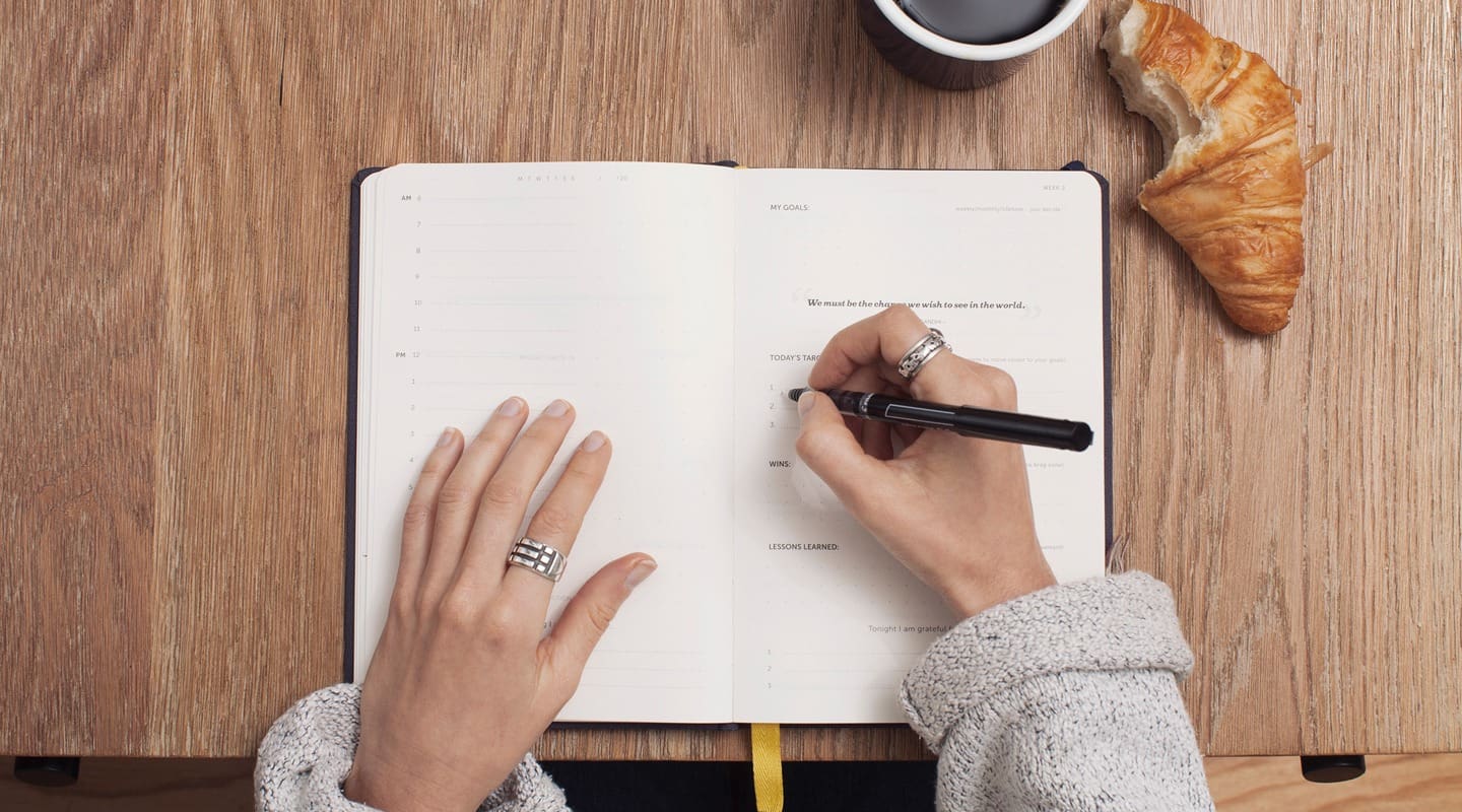 Woman writing in a planner with coffee and croissant. My Goals and Todays Tarot are visible.