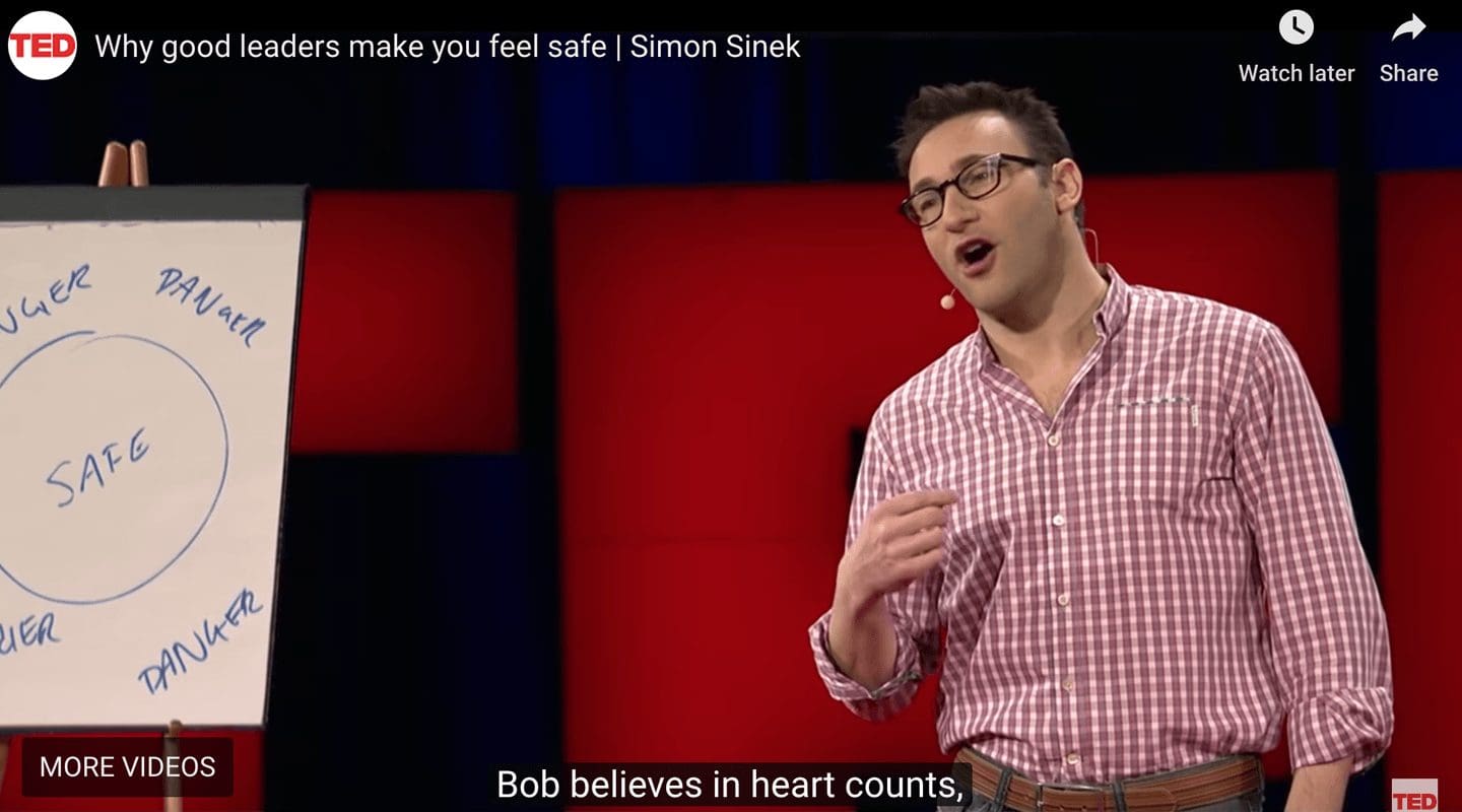 Simon Sinek giving a TED Talk about good leadership, emphasizing the importance of feeling safe.
