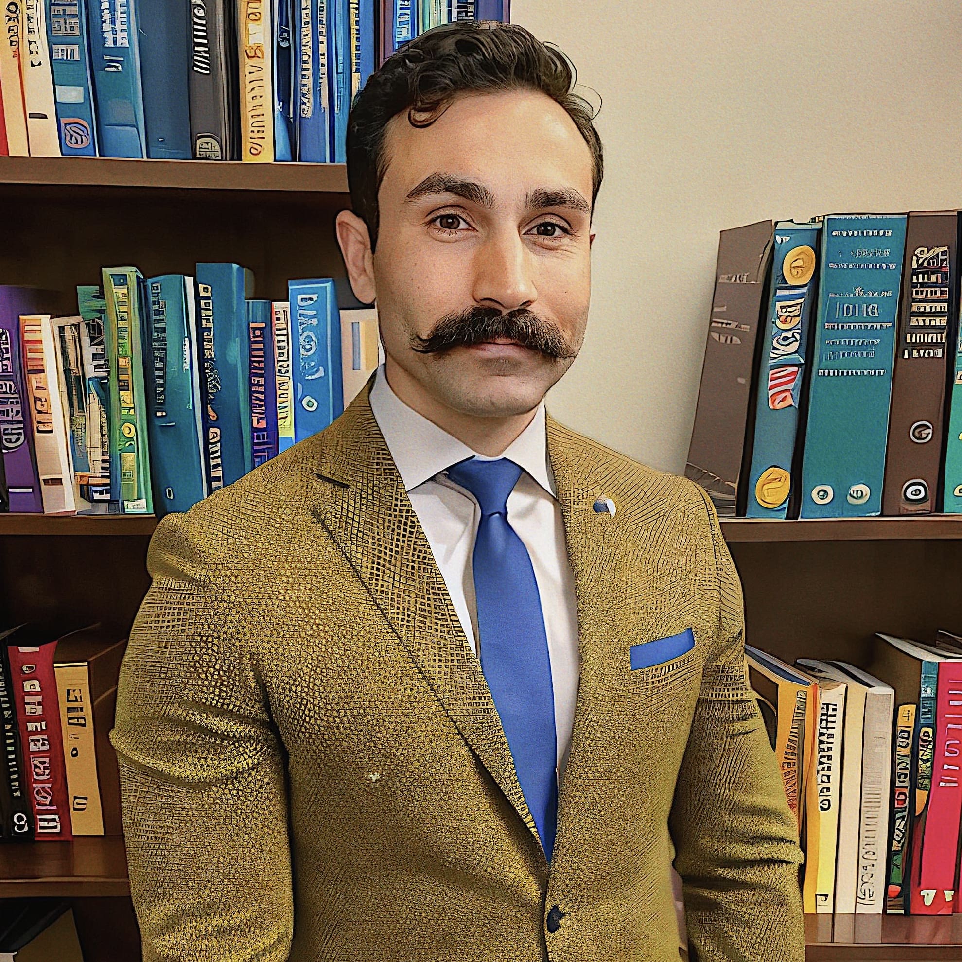 Man in a suit with a large mustache, standing in front of a bookshelf.