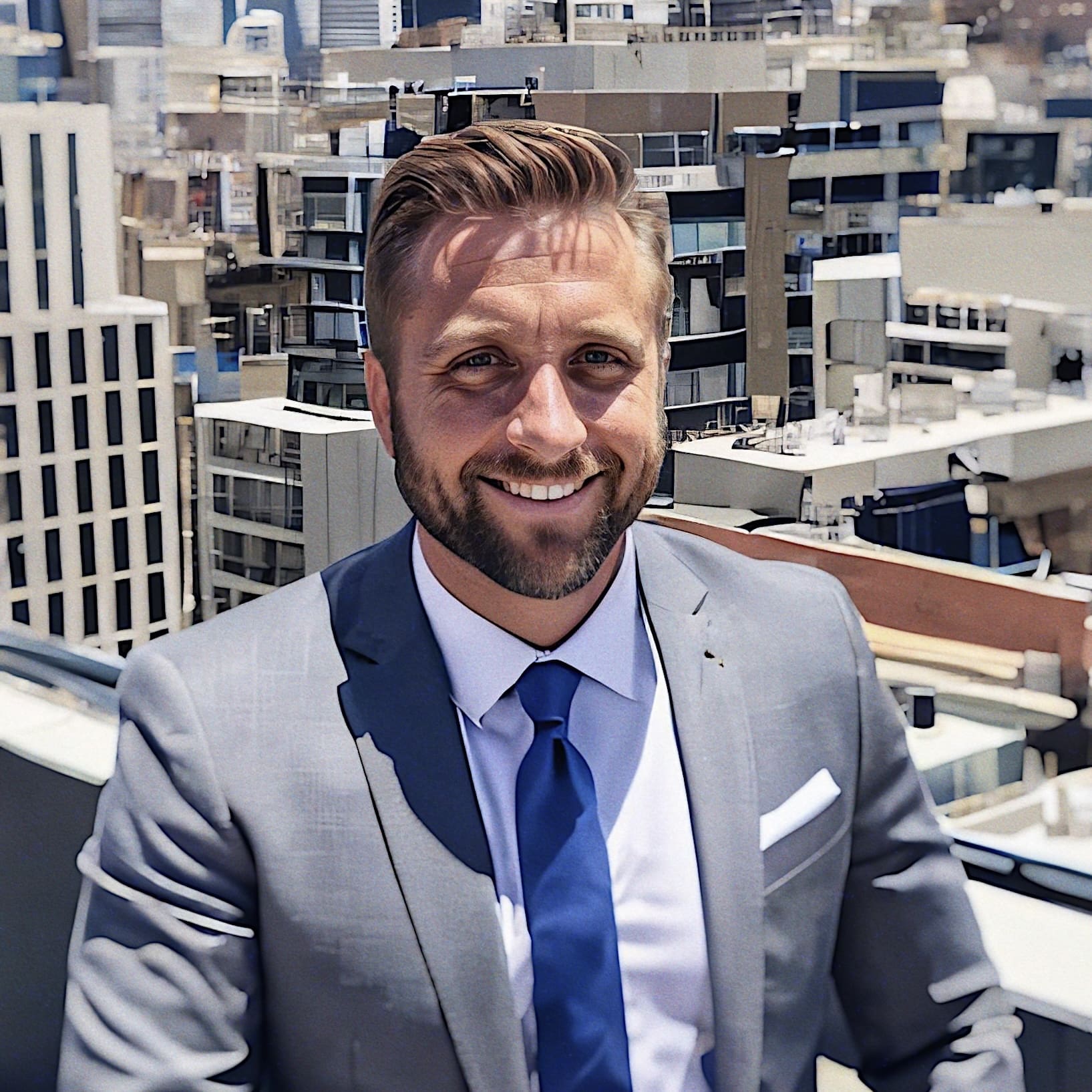 Smiling businessman in a suit, overlooking a city skyline.