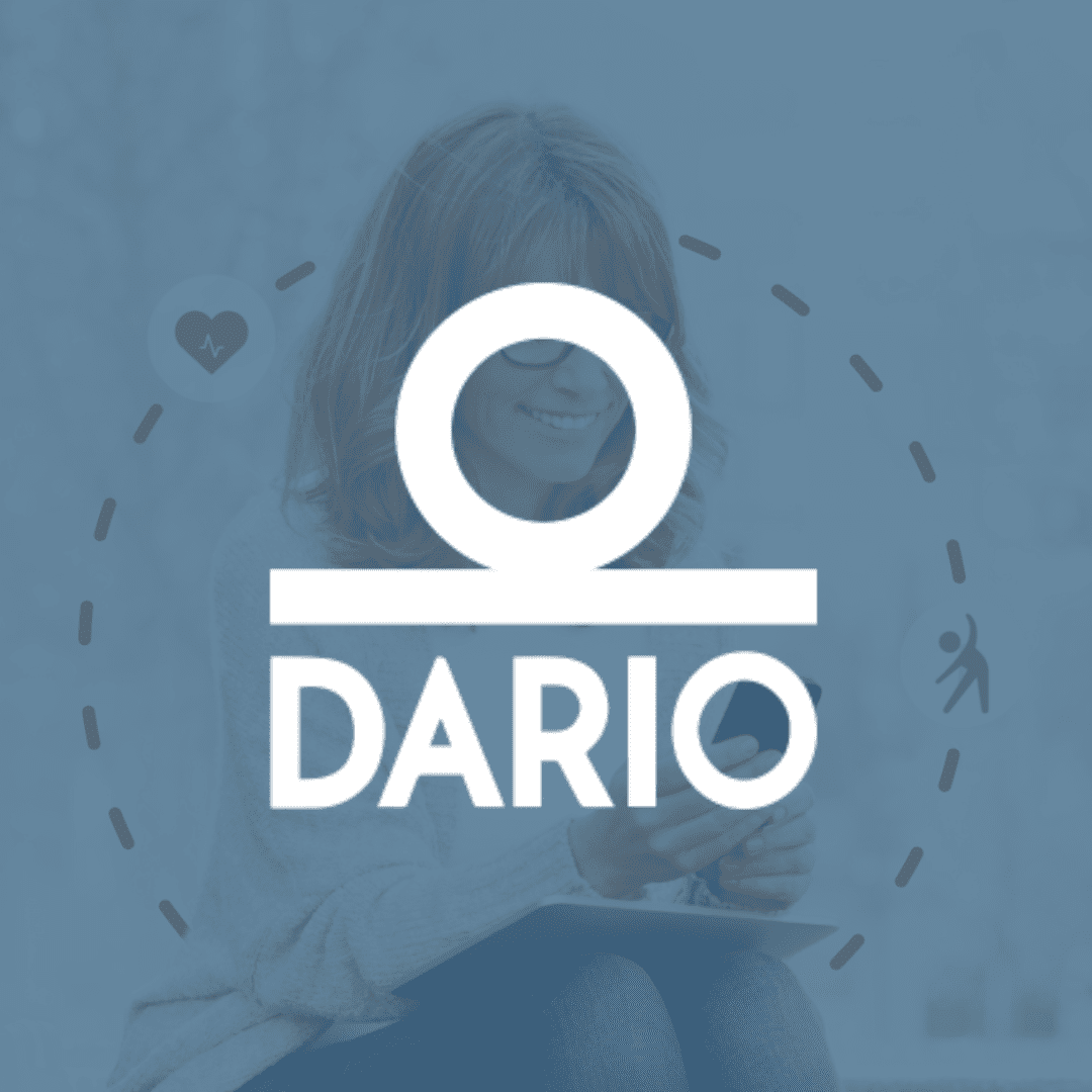 Woman using DarioHealth app on her phone, surrounded by health icons.
