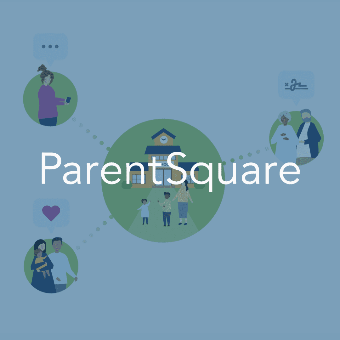 ParentSquare logo with illustrations of parents, children, and school building, connecting families and schools.