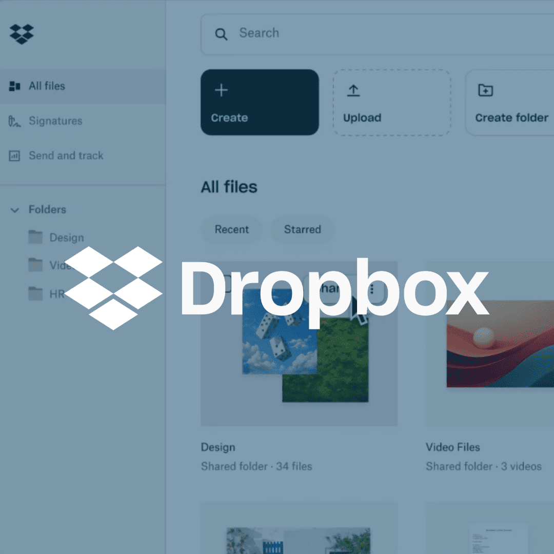 Dropbox interface showing file organization with All files, Create, and Upload options.