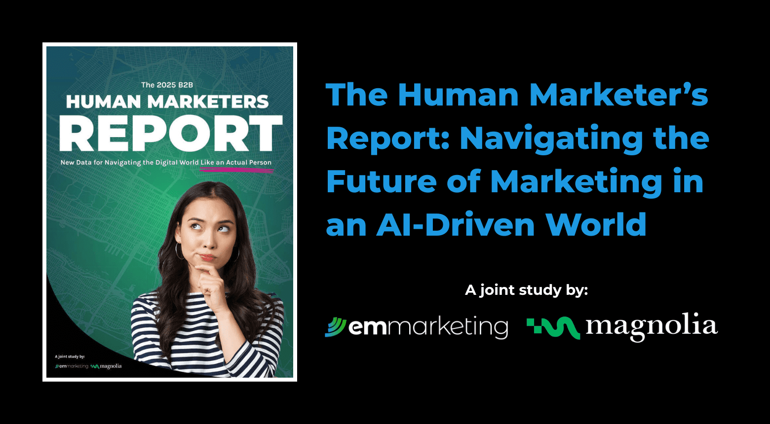 The Human Marketers Report cover featuring a woman contemplating the future of marketing in an AI-driven world.