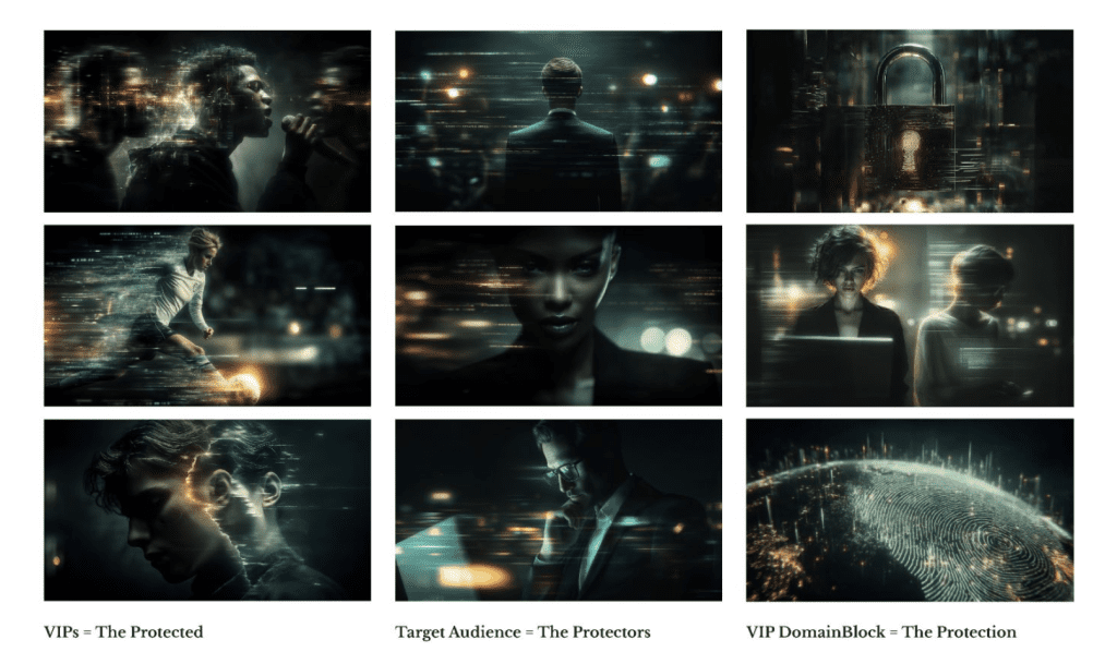 Digital art collage depicting VIP protection and cybersecurity, referencing "Zero to Launch" brand building.
