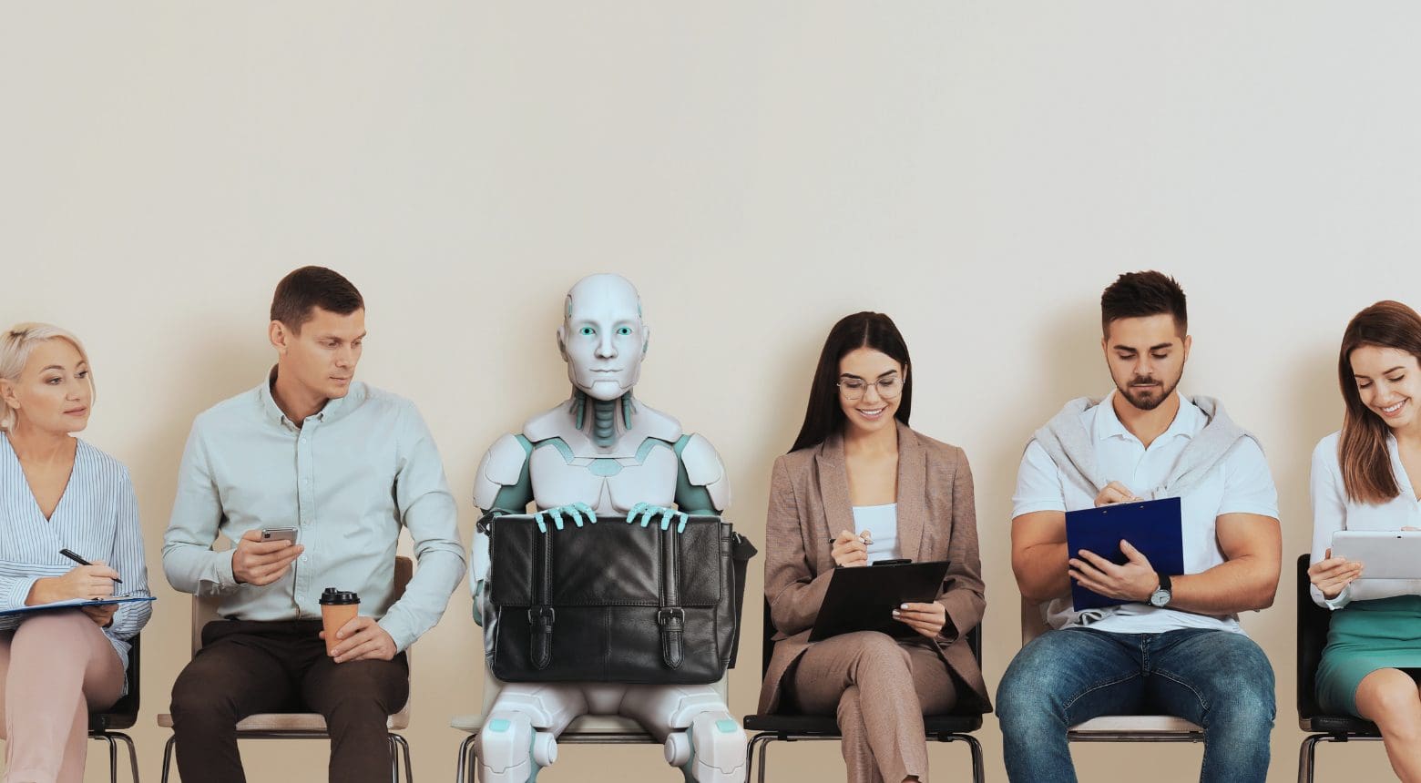 Robot sits among job applicants in a waiting room. AI in marketing hiring concept.